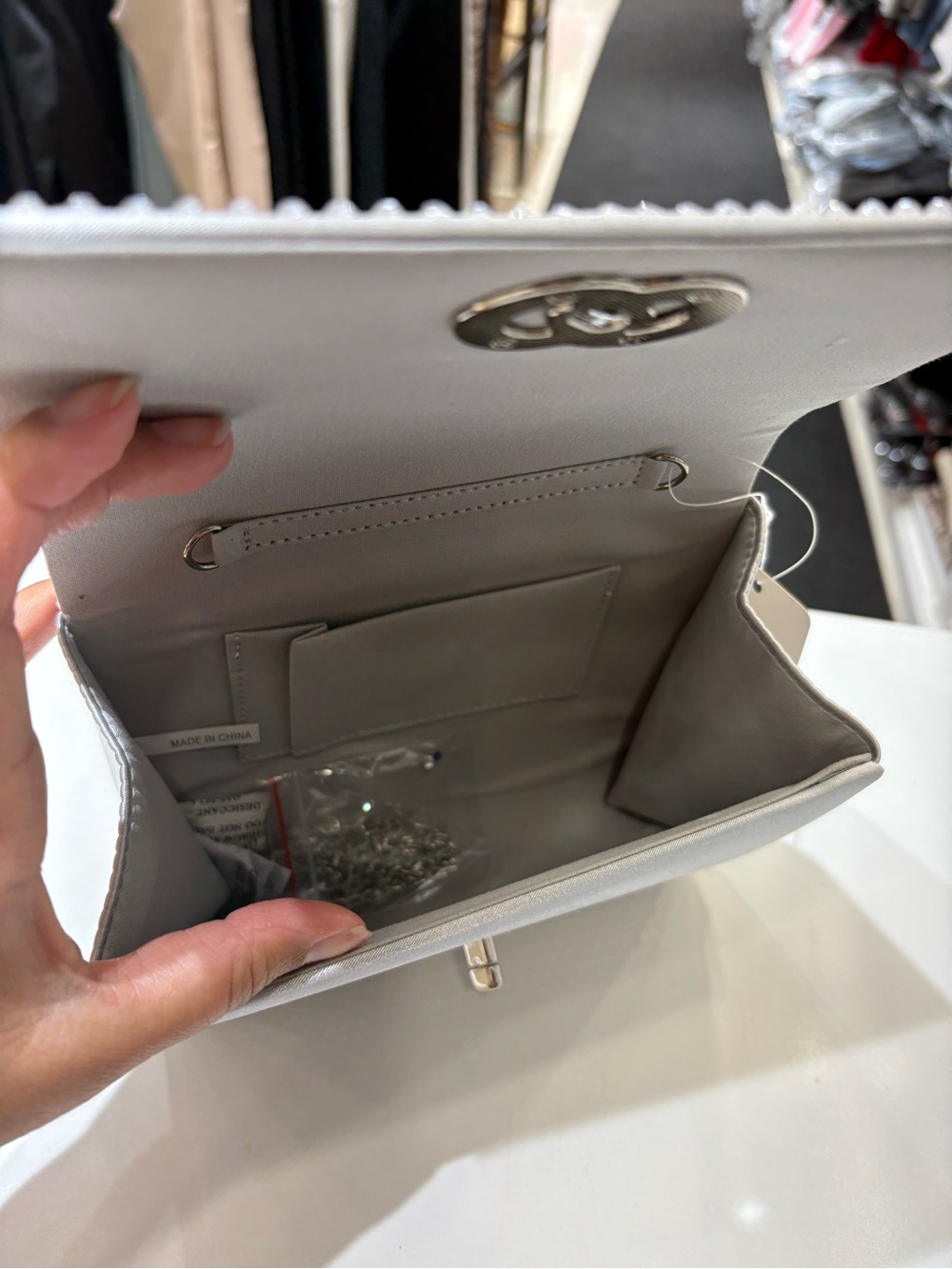 Silver Crystal Crossbody Clutch with Interlocking Ring Detail - Picture 7 of 7